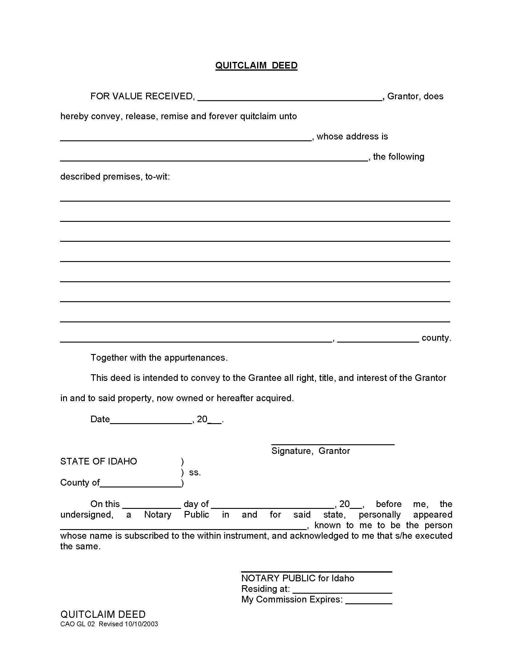 Idaho Quit Claim Deed Form Deed Forms Deed Forms