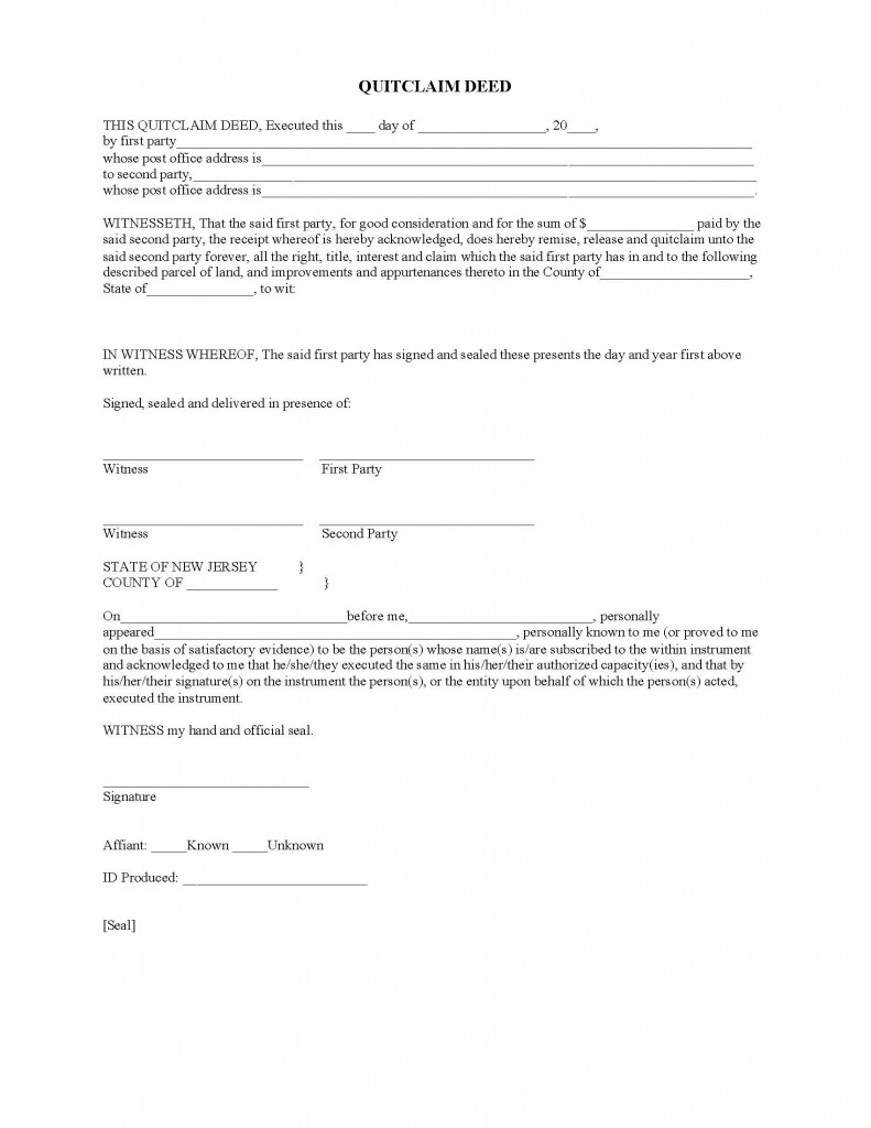 New Jersey Quit Claim Deed Form