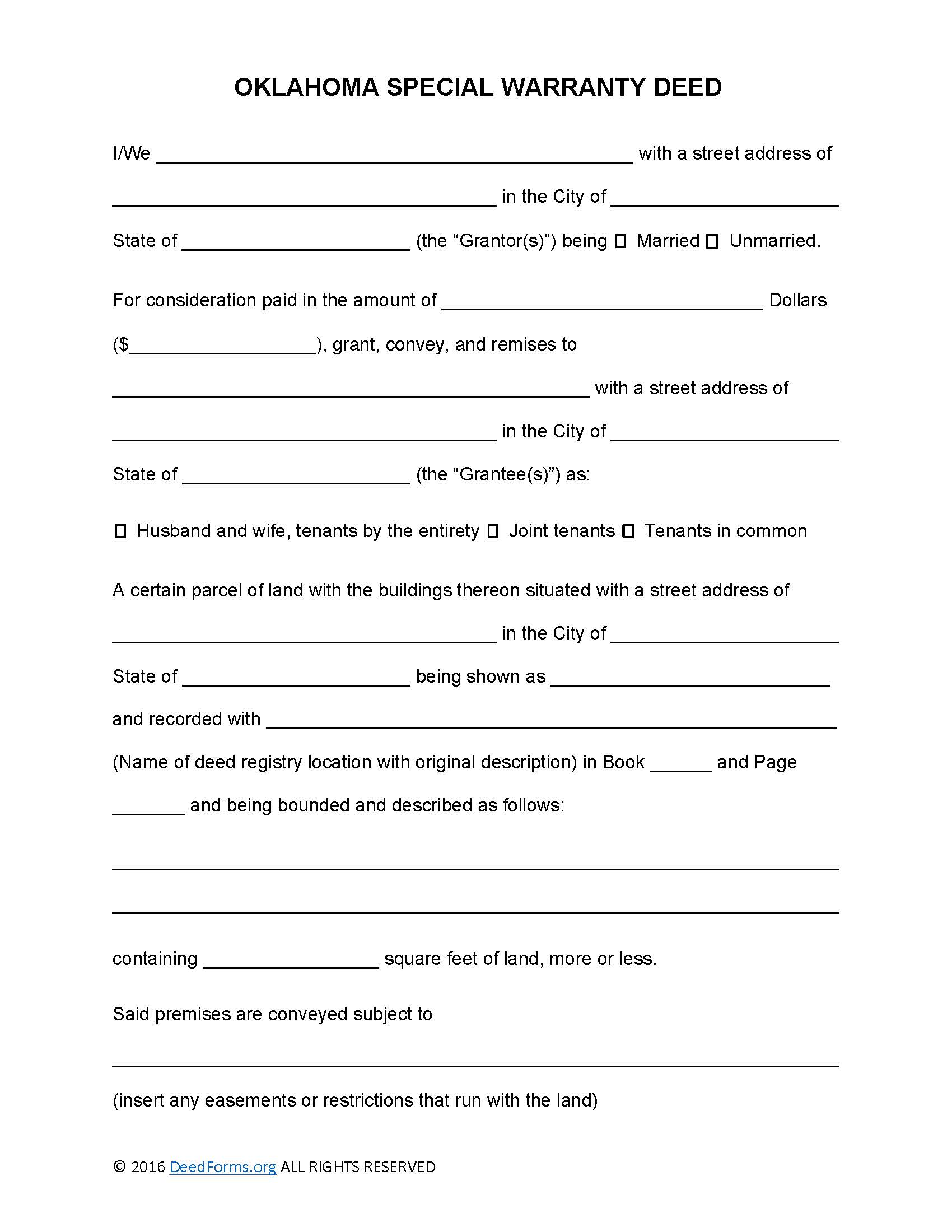Oklahoma Special Warranty Deed Form Deed Forms Deed Forms