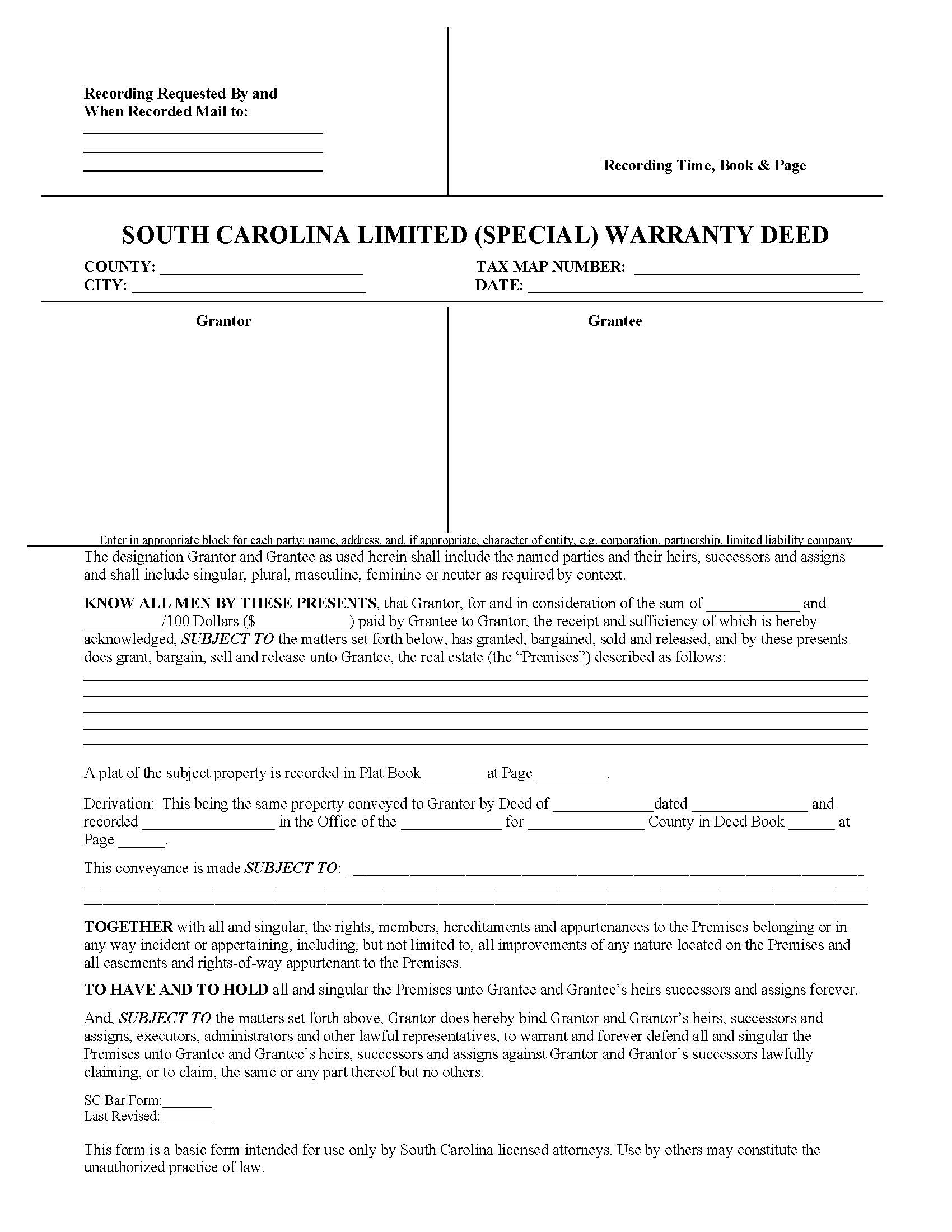 South Carolina Special Warranty Deed Form_Page_1
