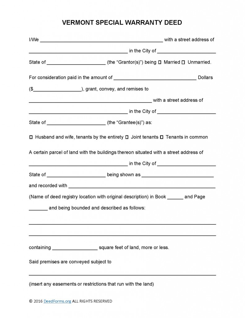 Vermont Special Warranty Deed Form Deed Forms Deed Forms